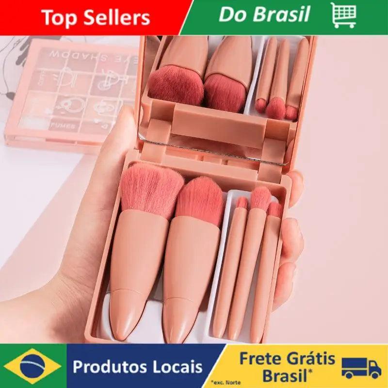 Mini Espelho De Maquiagem Portátil Com 5 Pcs Pincéis De Maquiagem Lupa Mão Segurar Bolso Dobrável Maquiagem