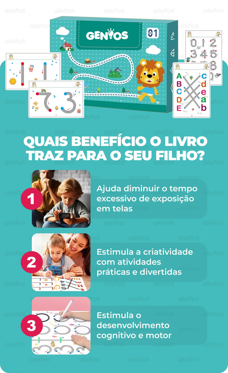 Livro de Desenvolvimento Infantil Gênios® + 8 Canetinhas e Apagador de Brinde